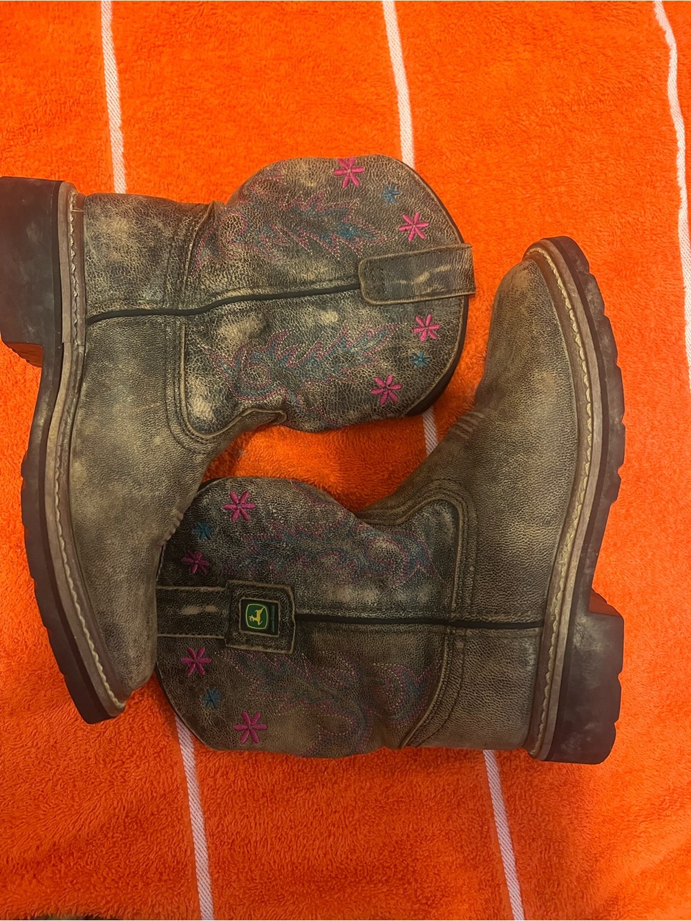 John Deere Brown Kids Western Boots with Pink & Teal Flower Embroidery